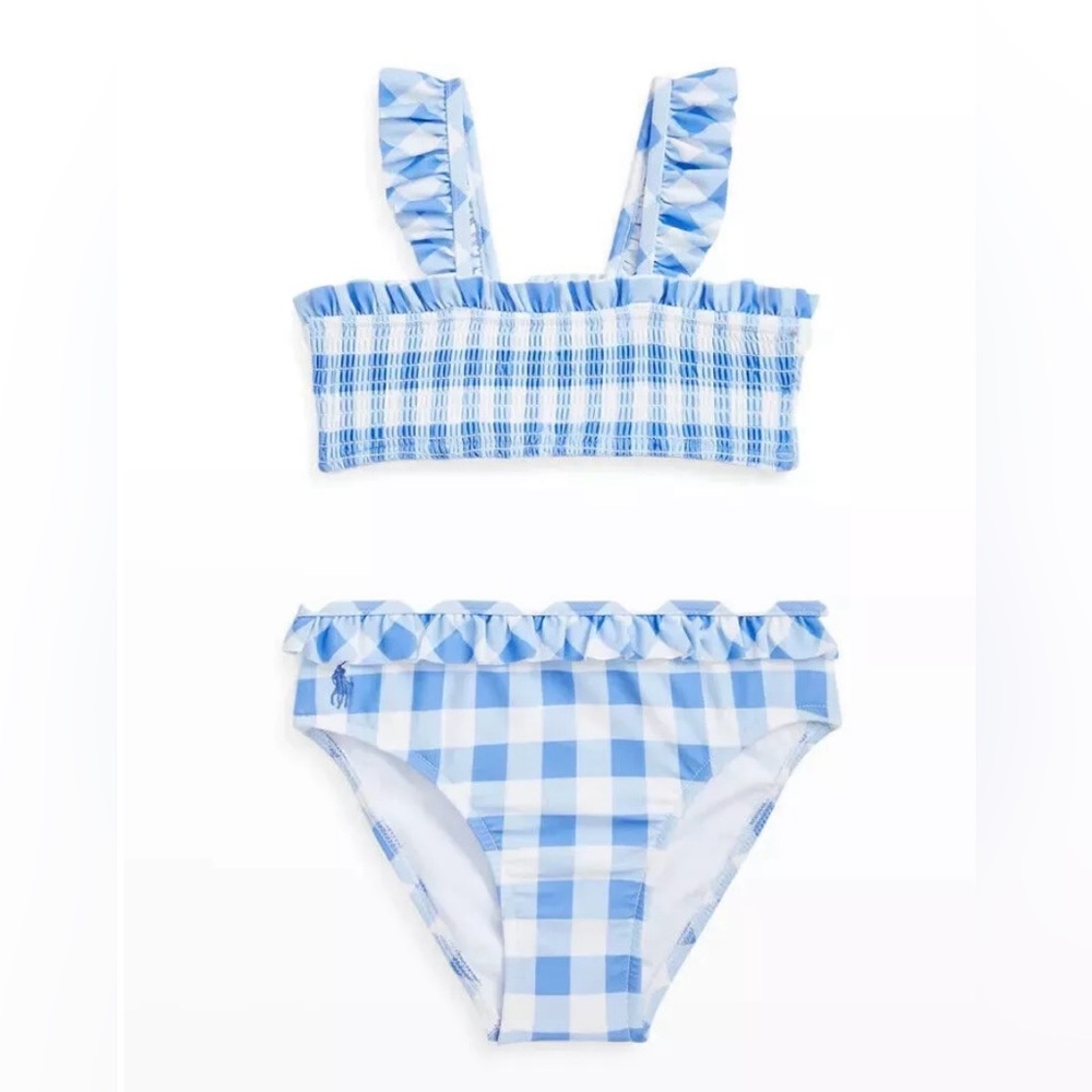 Ralph Lauren gingham ruffle baby girl swim set.